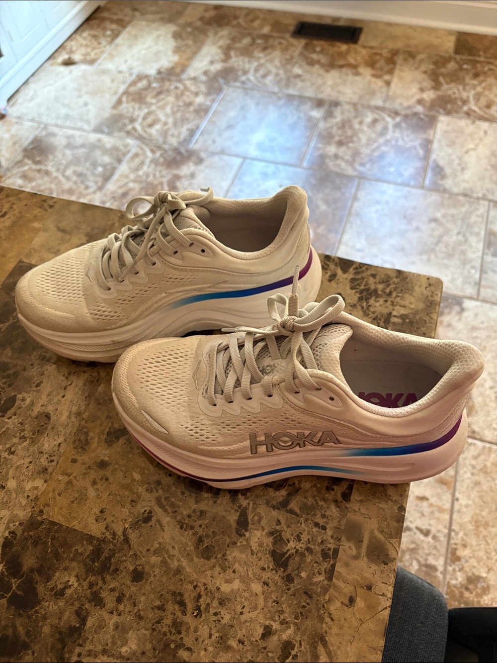 Hoka Women’s White Athletic Shoes with Blue & Purple Accents